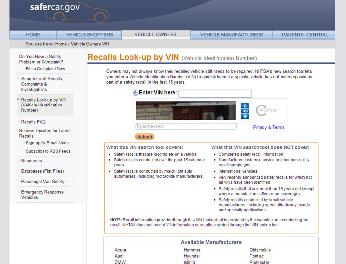 NHTSA-VIN-SAFETY-RECALL-TOOL